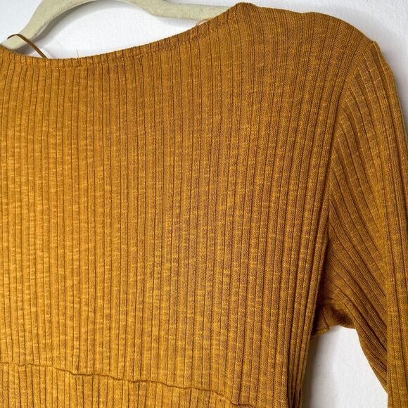 Pull & Bear Golden Yellow Cotton Rib Long Sleeve VNeck Button Up Mini Dress S - Picture 6 of 13